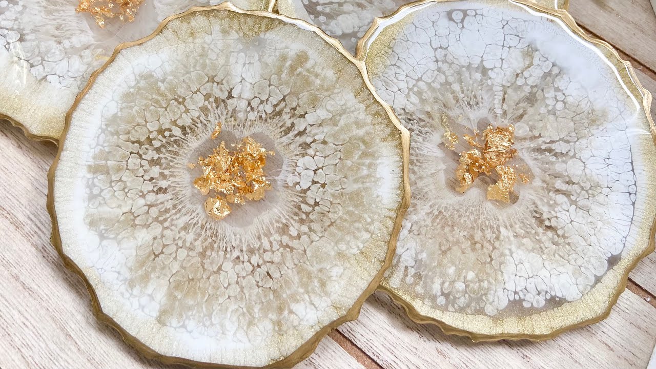 Elegant White & Gold Geode Resin Coasters