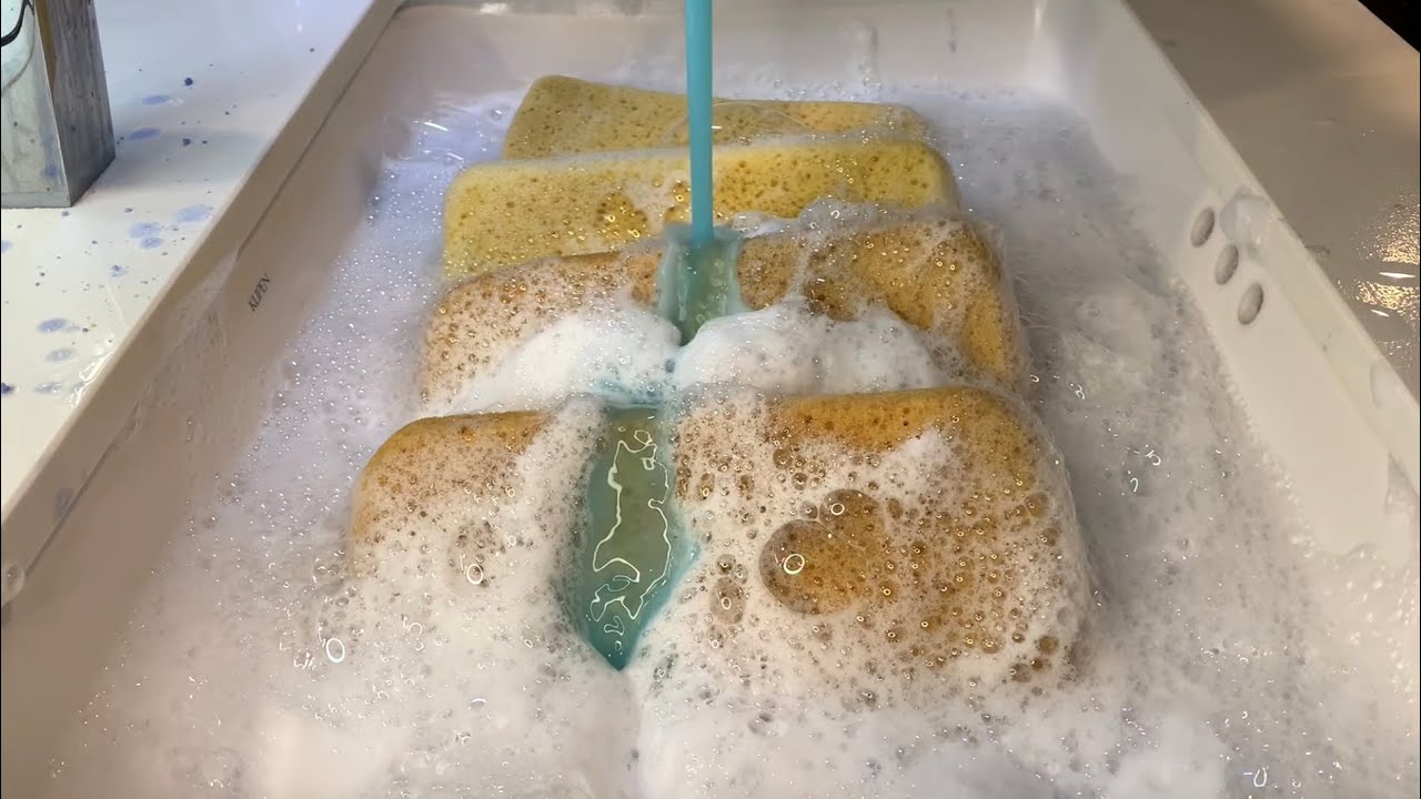 🔪☁️ RINSING WITH WATER, FABRIC SOFTENER AND DAWN (Long & Messy!!) - sponge ASMR