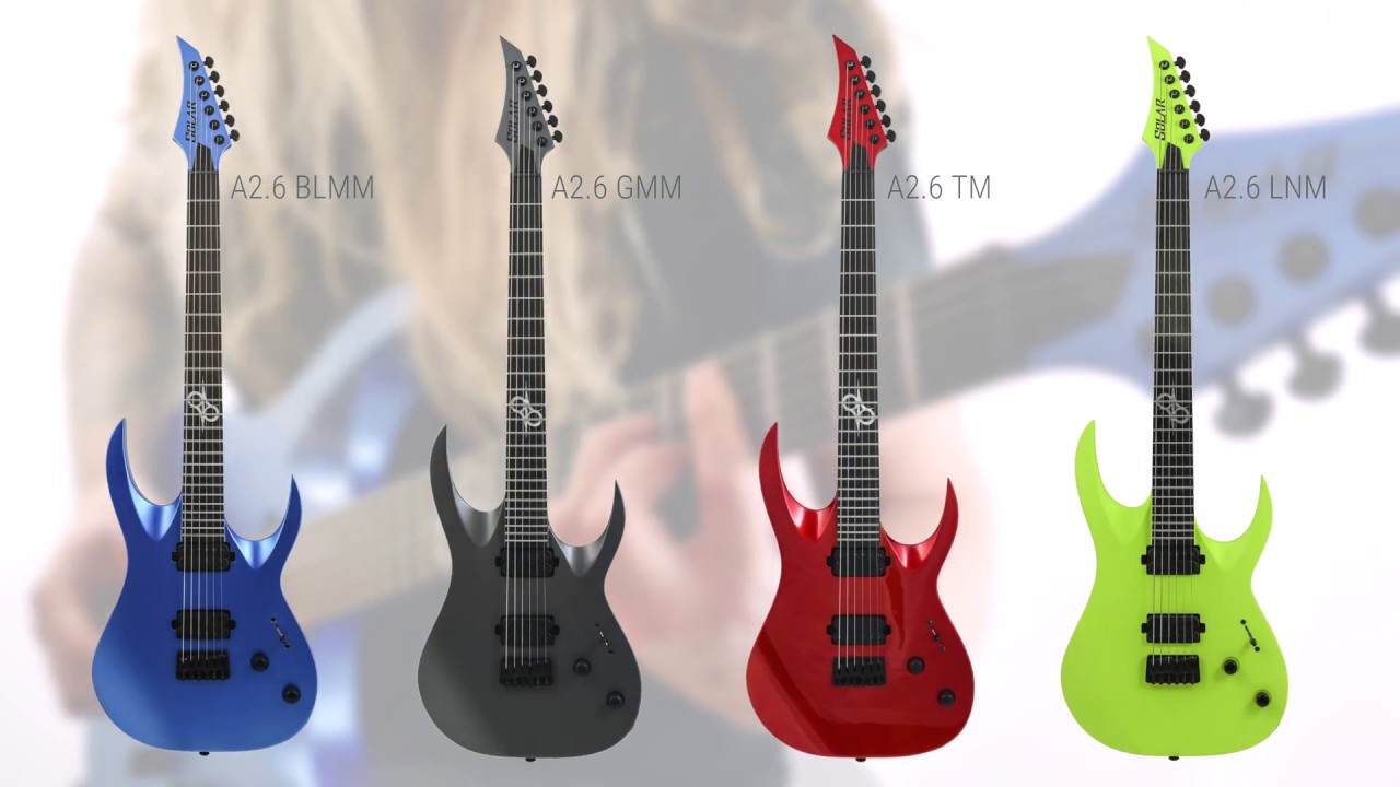 SOLAR Guitars A2.6 , BLUE METALLIC, GUN METAL, LEMON NEON, BLOOD TANGERINE