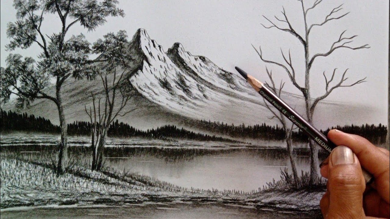 Mountain and trees landscape scenery drawing easy ways with pencil // Nature drawing with pencil //