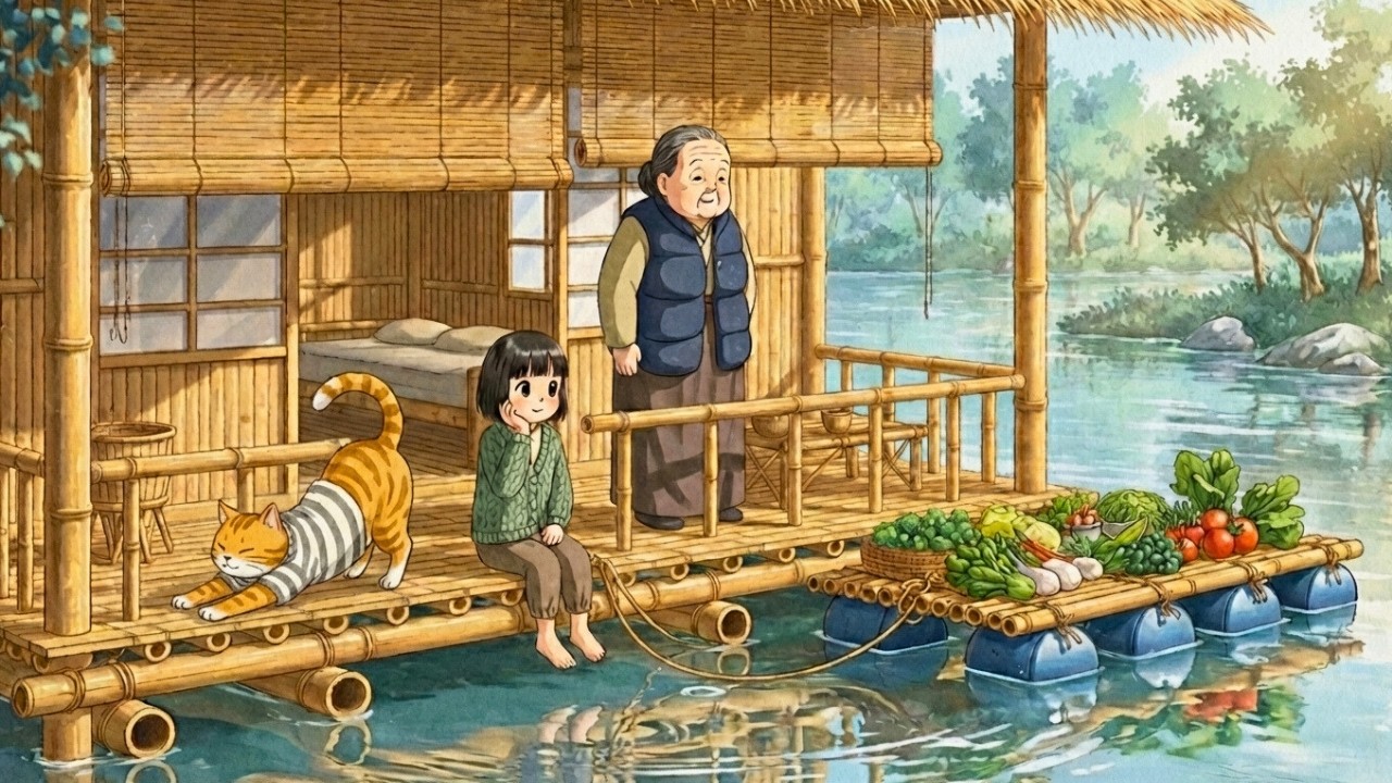 Cozy River Life on a Floating Bamboo House (Grandma, Little Girl & Cat) | Ghibli-Inspired ASMR