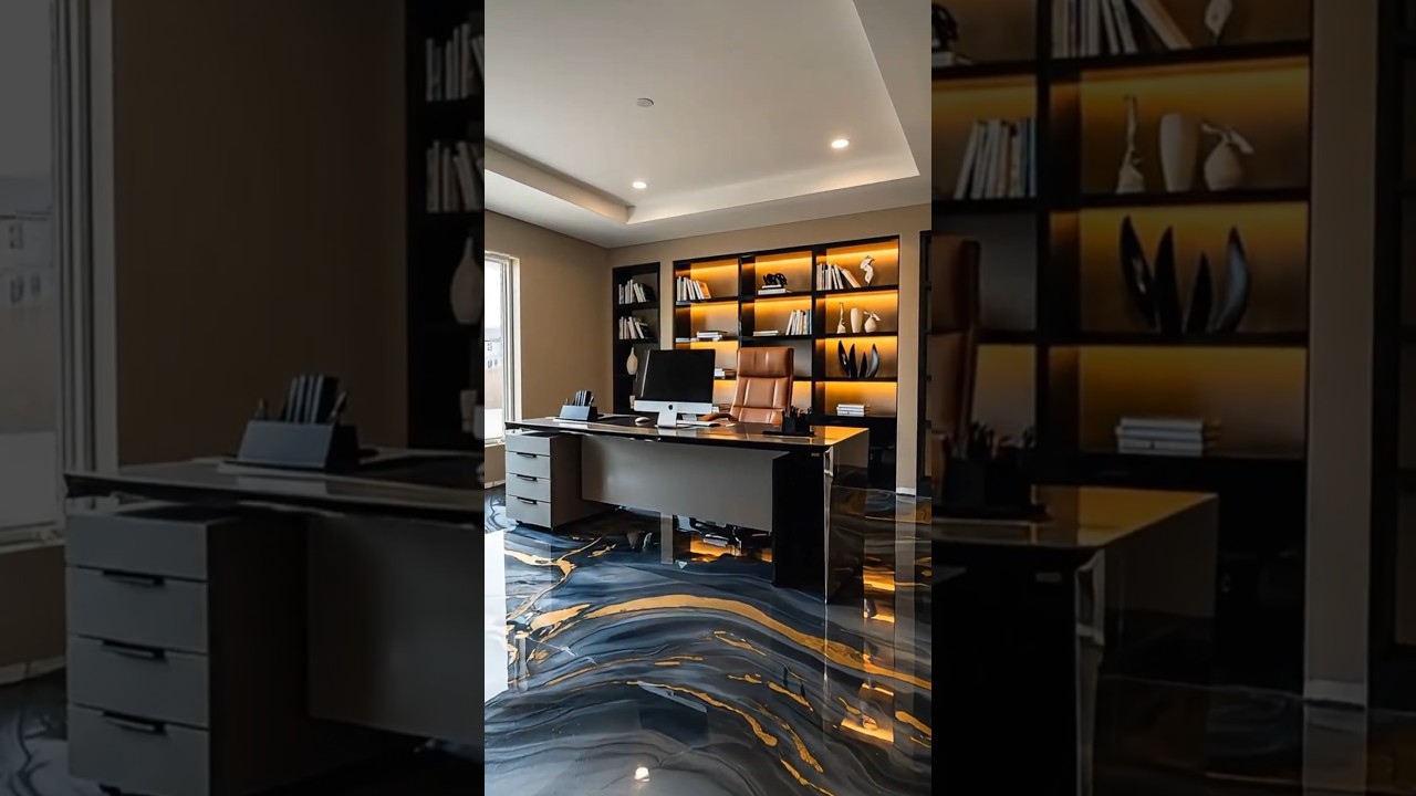 Executive Home Office with custom built in shelving wall #epoxyfloor #interiordesign #epoxy