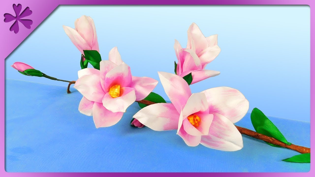 DIY How to make ribbon magnolia, twig with flowers (ENG Subtitles) - Speed up #475