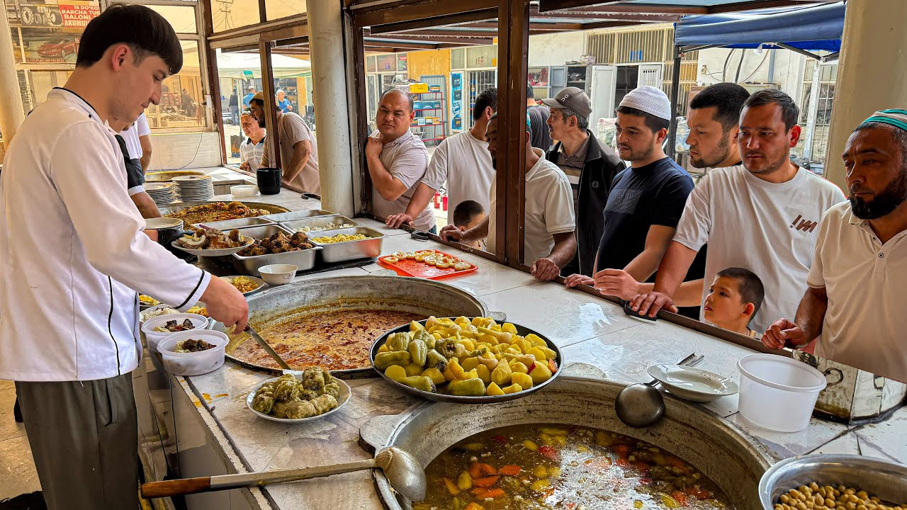 UZBEK BAZAAR STREET FOOD - Spicy Meat, Darmon Soup and Various Street Food. Simple Kitchen