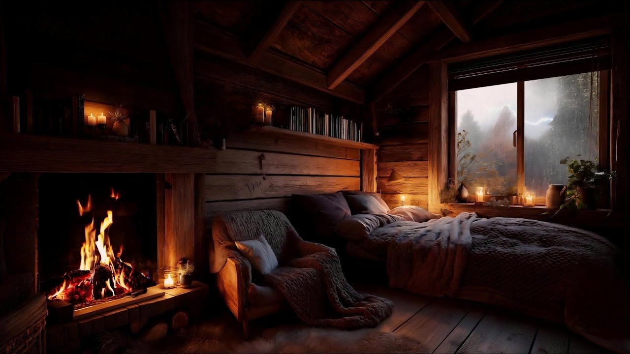 Rain Sounds for Sleep (No Ads) | Cozy Cabin Fireplace & Gentle Thunderstorm