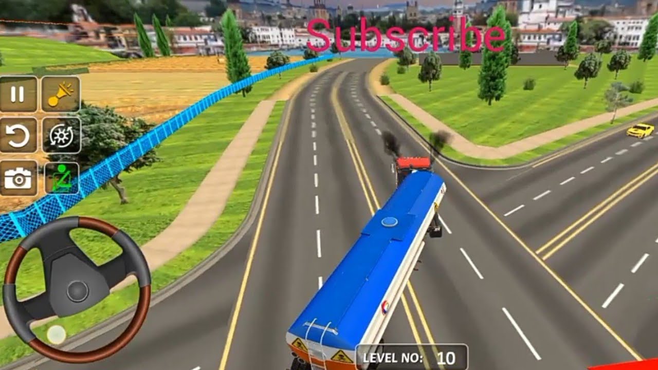 Truk simulator truk oil tanker meluncur kencang melewati jalan raya yang mulus