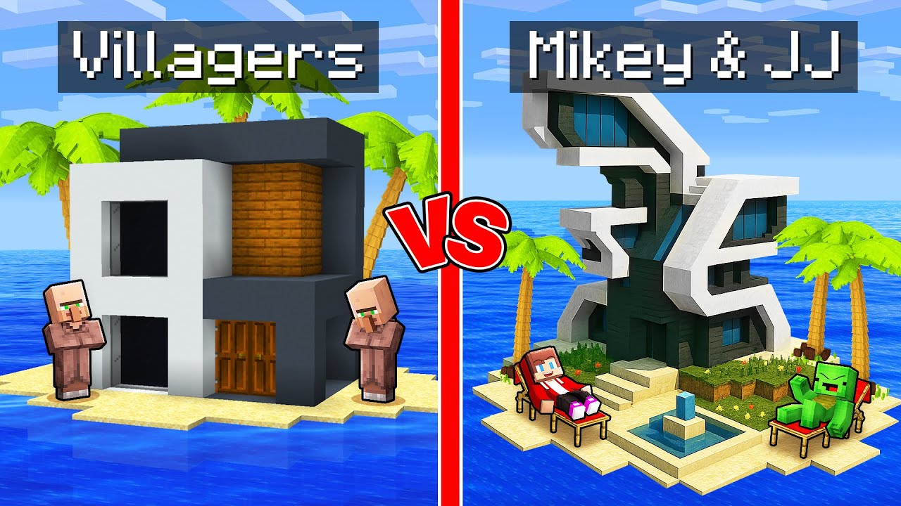 Villagers POOR vs JJ and Mikey RICH Modern Island House Battle in Minecraft (Maizen)