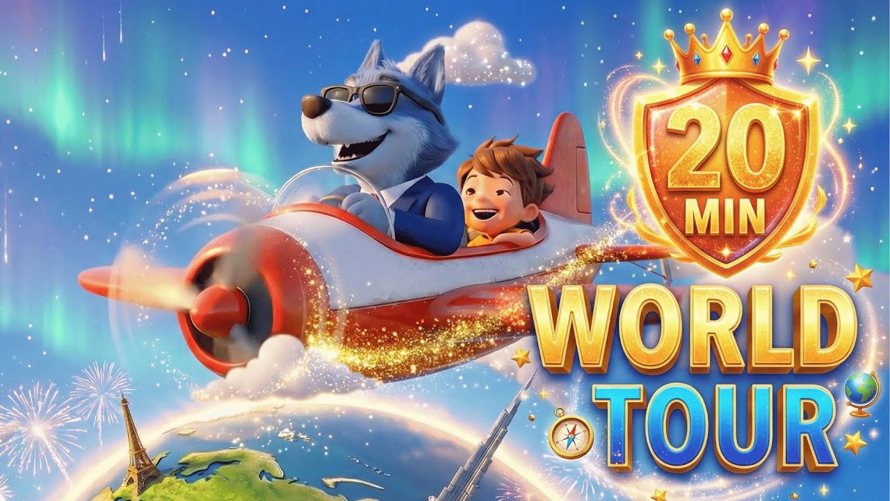 Blue Wolf World Tour 🌍 20 Minutes Travel Songs for Kids | USA, UK, Europe, Dubai & More With Lyrics)