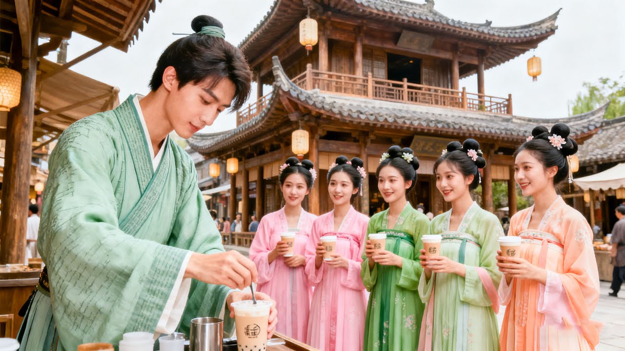 Delivery guy travels to ancient times, becomes richest with milk tea, beauties compete to marry him!