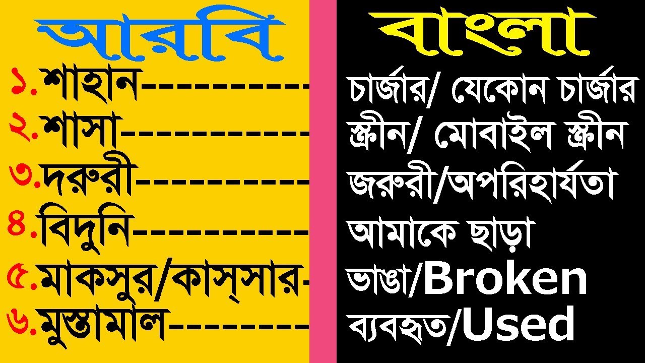Mobile shop goods names in Arabic and other Arabic words to Bangla
