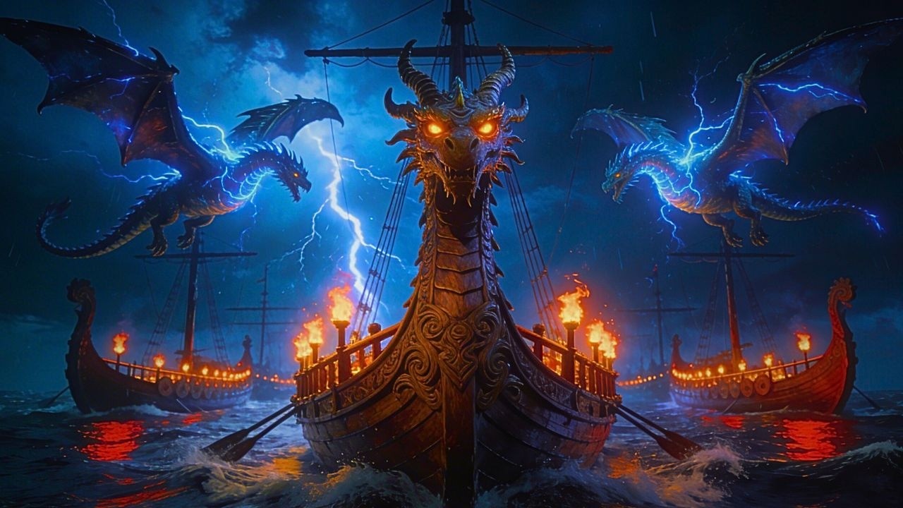 Viking Longship Fleet at Sea | Dark Nordic Folk Music | Stormy Ocean Ambience | 1 Hour