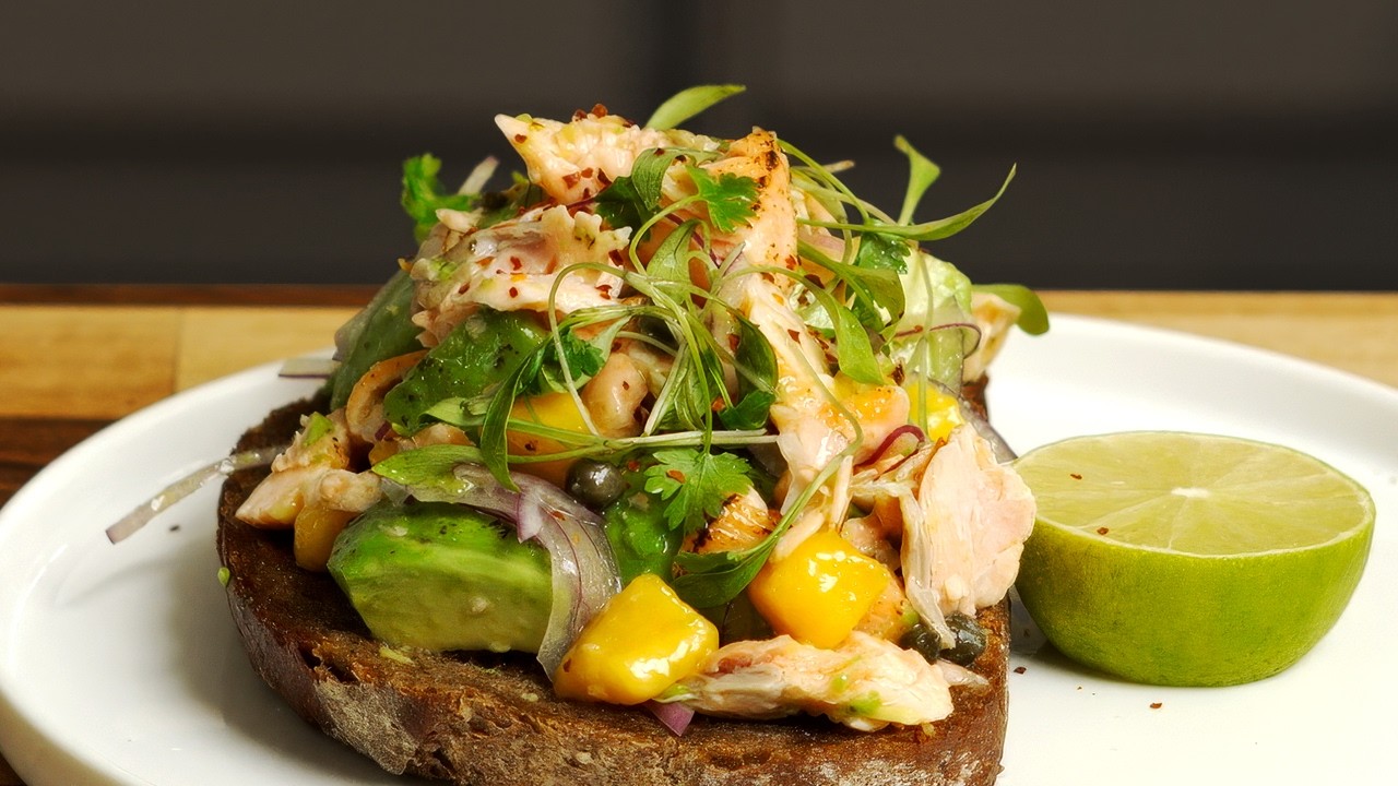 Torched Salmon and Grilled Avocado on Toast