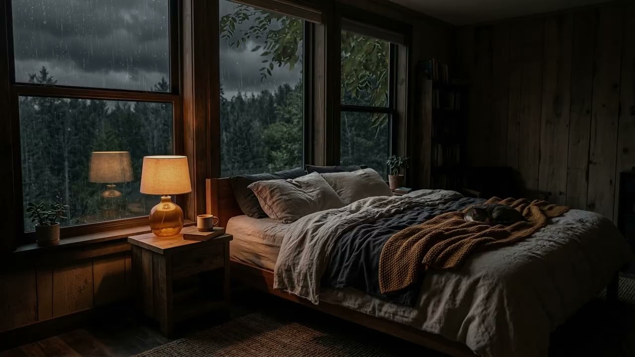 Gentle Forest Rain 🌧️ Whispering Past The Bedroom Window While Tall Pines 🌲 Fade Into Mist