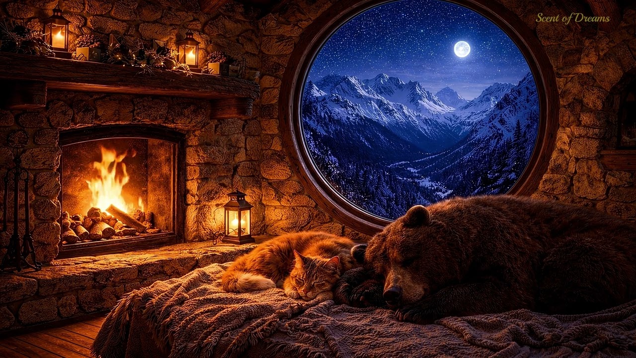 8 Hours Fireplace Sounds in a Cozy Mountain Cabin | Ember & Bruno