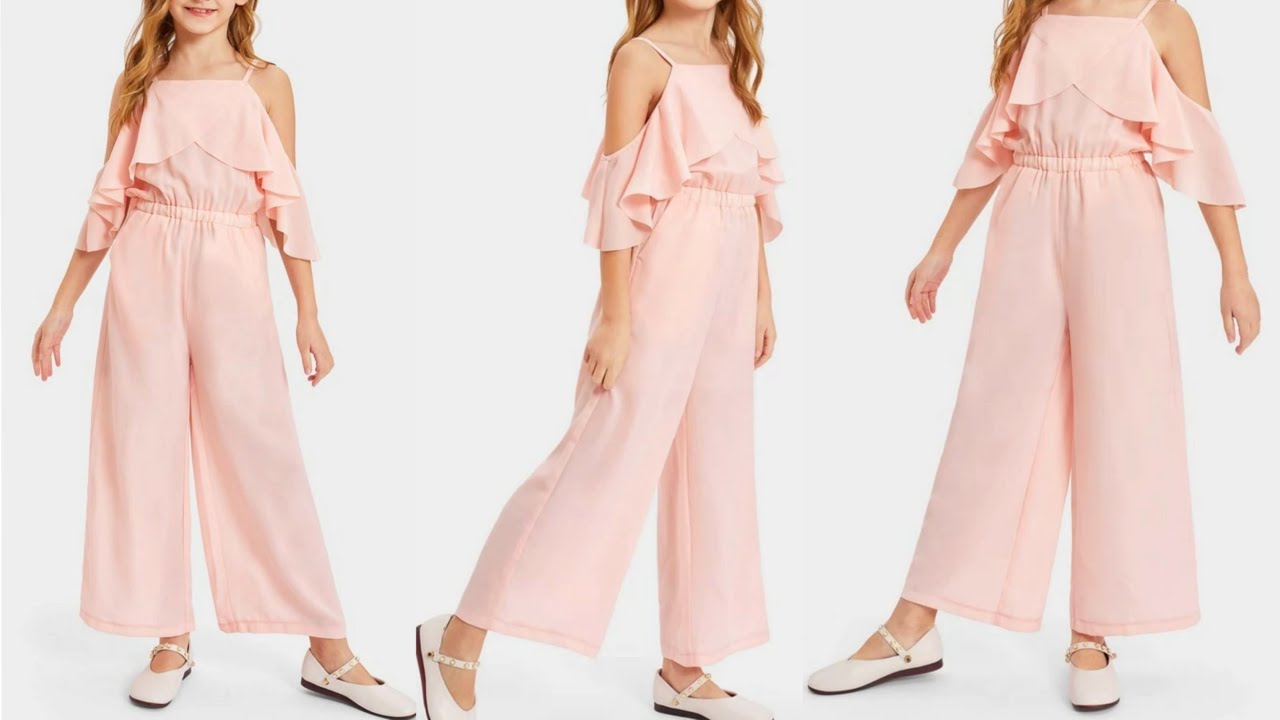 Baby girl jumpsuit cutting and stitching| Ruffle cold shoulder jumpsuit for 6 to 7 year girl outfit
