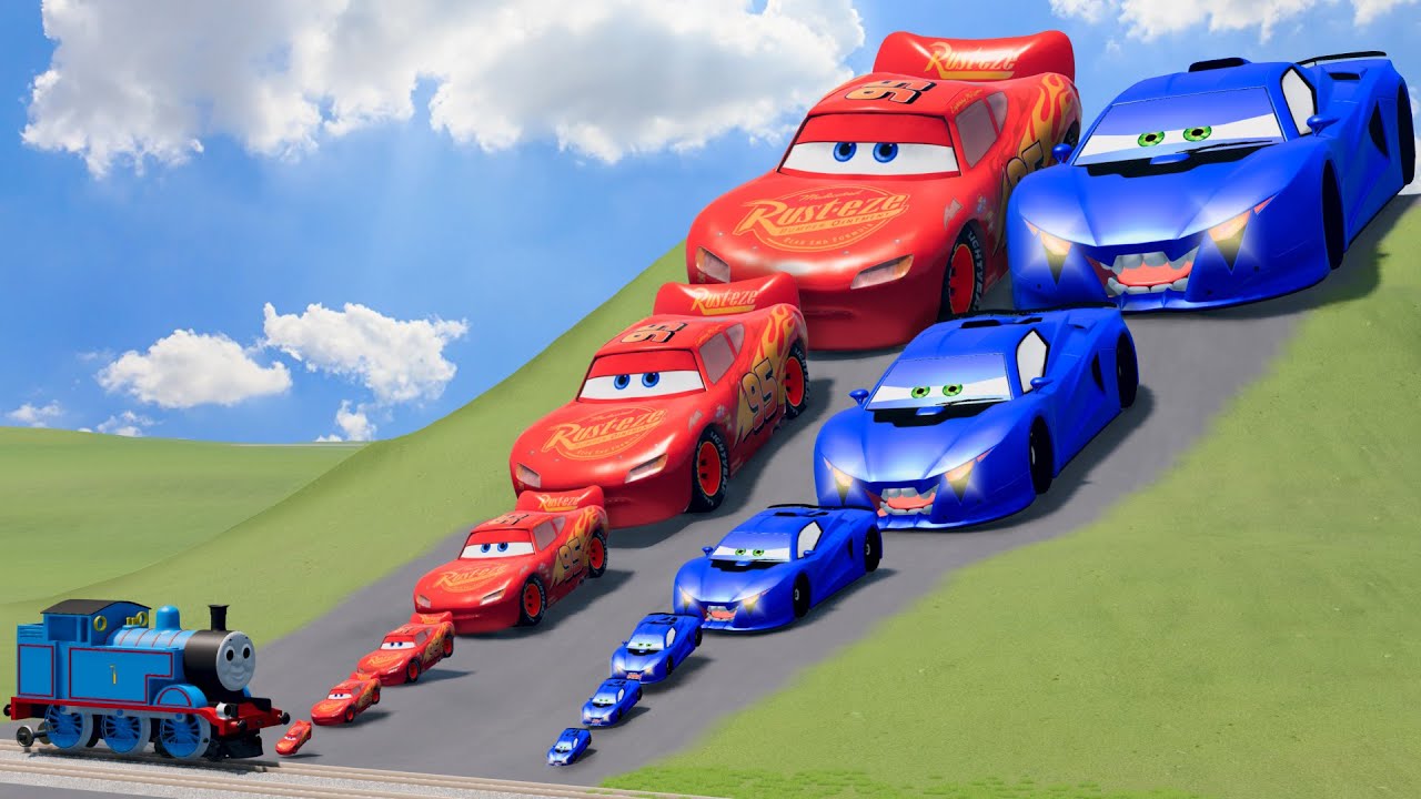 Big & Small Blue Flip vs Big & Small Lightning Mcqueen vs Thomas the Tank Engine Train | BeamNGDrive
