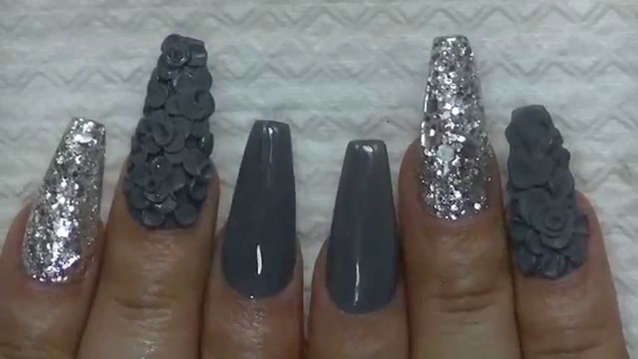 How to shades of gray nail tutorial Coffin shape