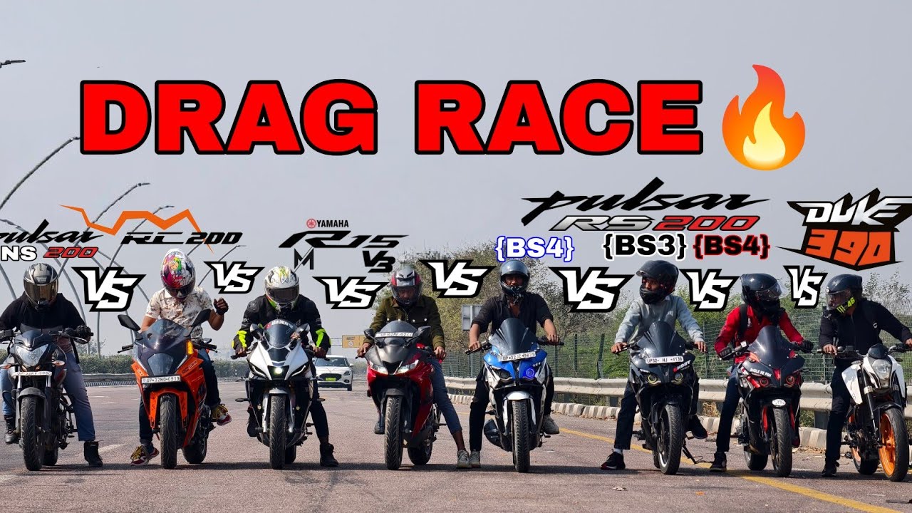 PULSAR RS200 VS DUKE 390 VS R15M/V3 VS RC200 VS NS200🔥||DRAG RACE 💥||RS GAVE HEADSTART TO OTHER 🫨||