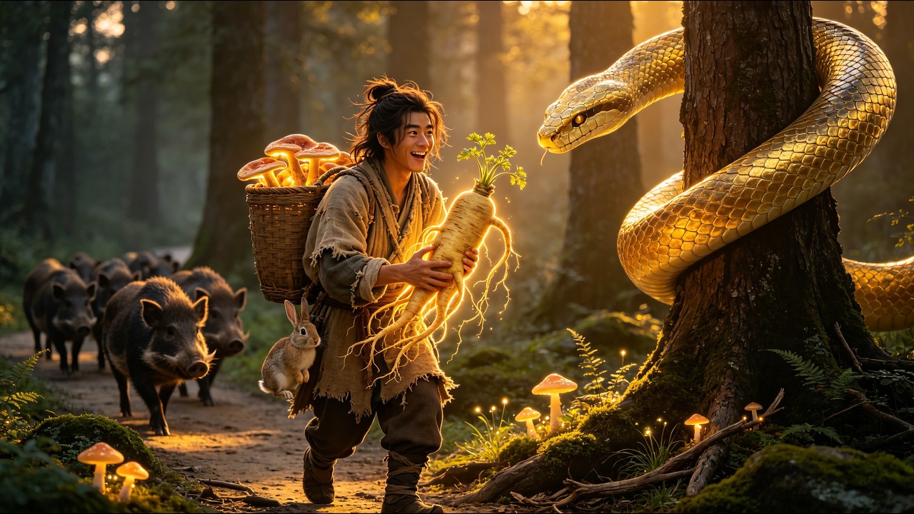 Bitten by a snake, he shares senses with it &mdash; ginseng and lingzhi come to him, and he gets rich.
