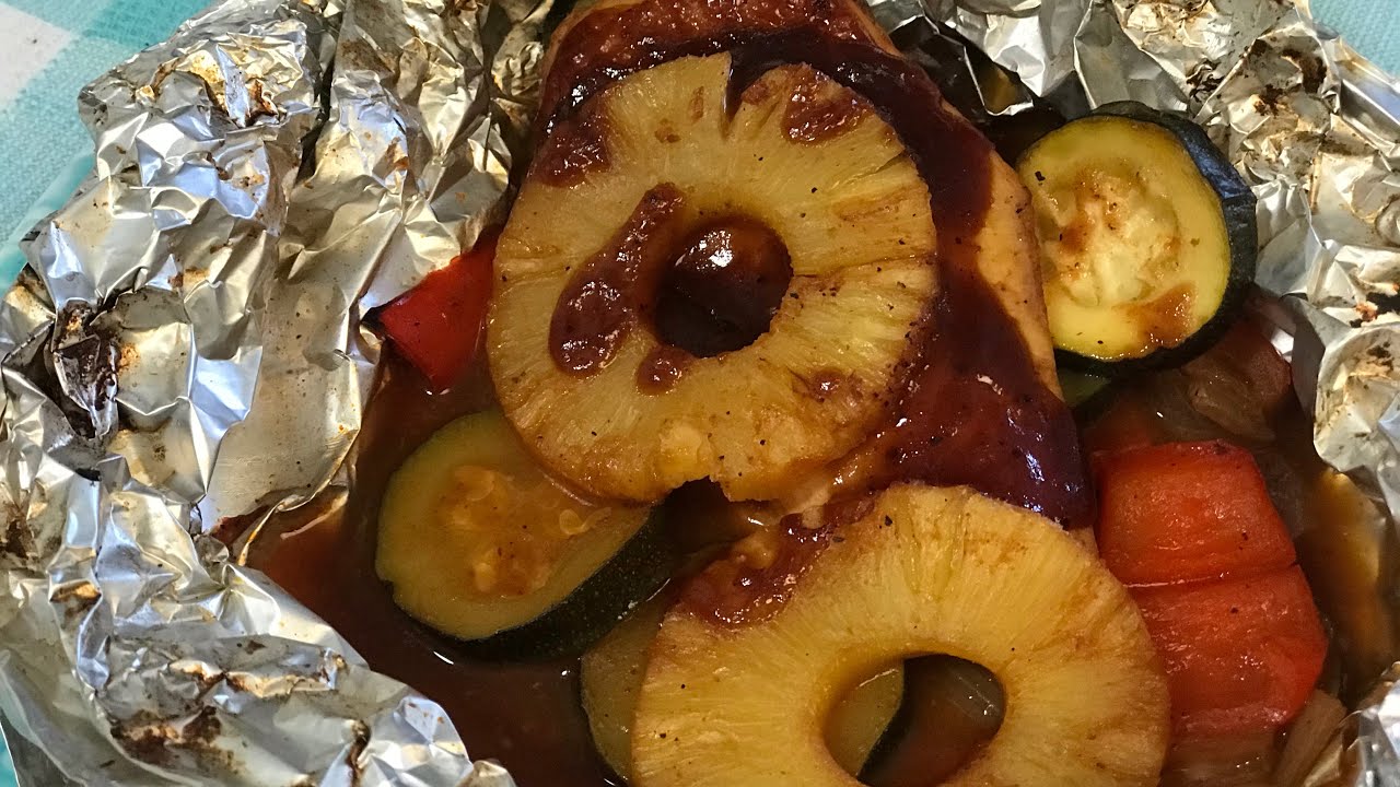 Hawaiian Barbecue Chicken Foil Pack. Campfire Cooking