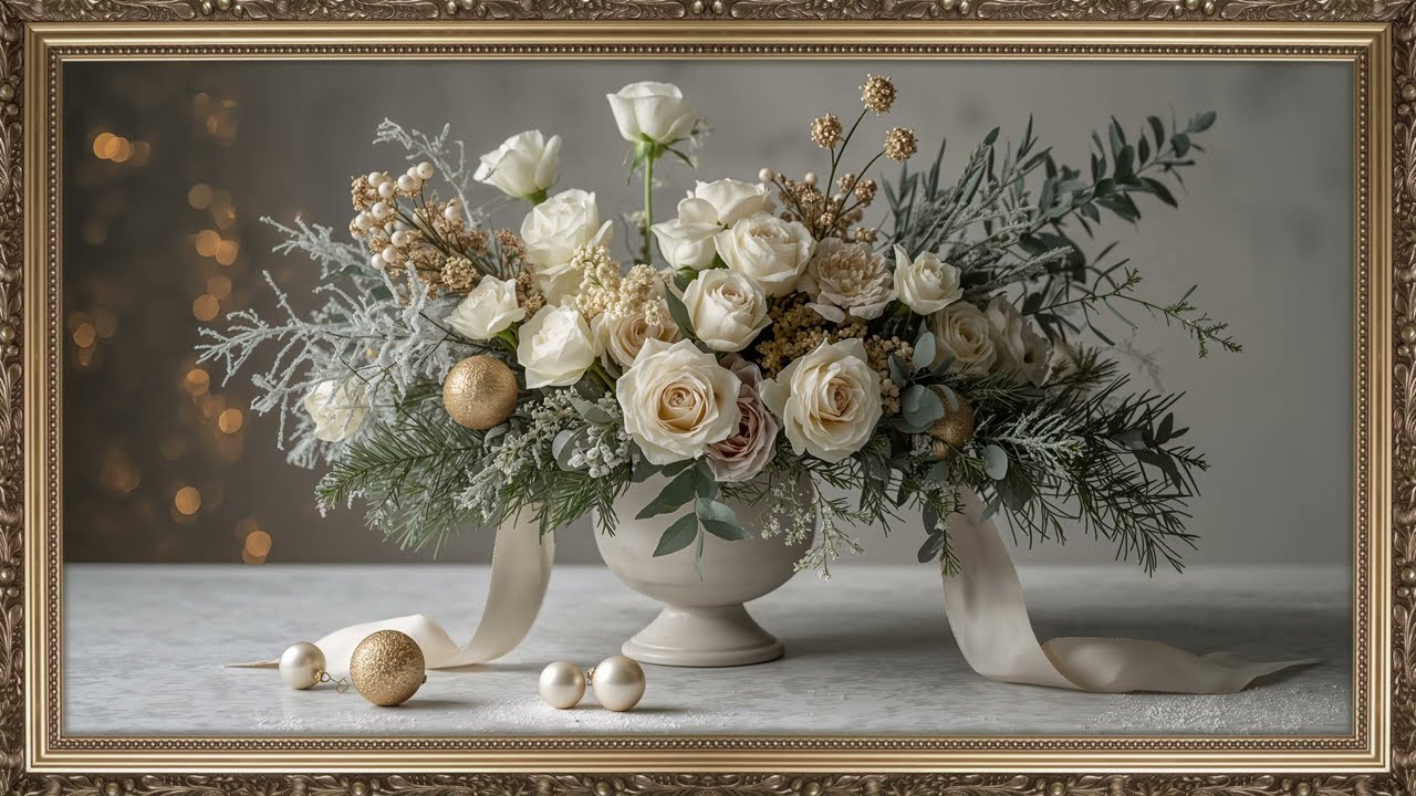 8-Hour Ivory Rose & Winter Green Floral Centerpiece | Elegant Neutral Holiday Decor in 4K UHD TV Art