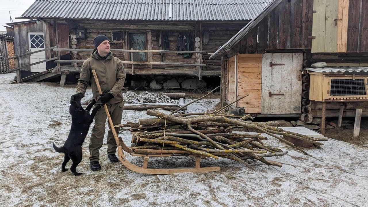 Жизнь в горной деревне вдали от цивилизации, заготовка дров на санях.