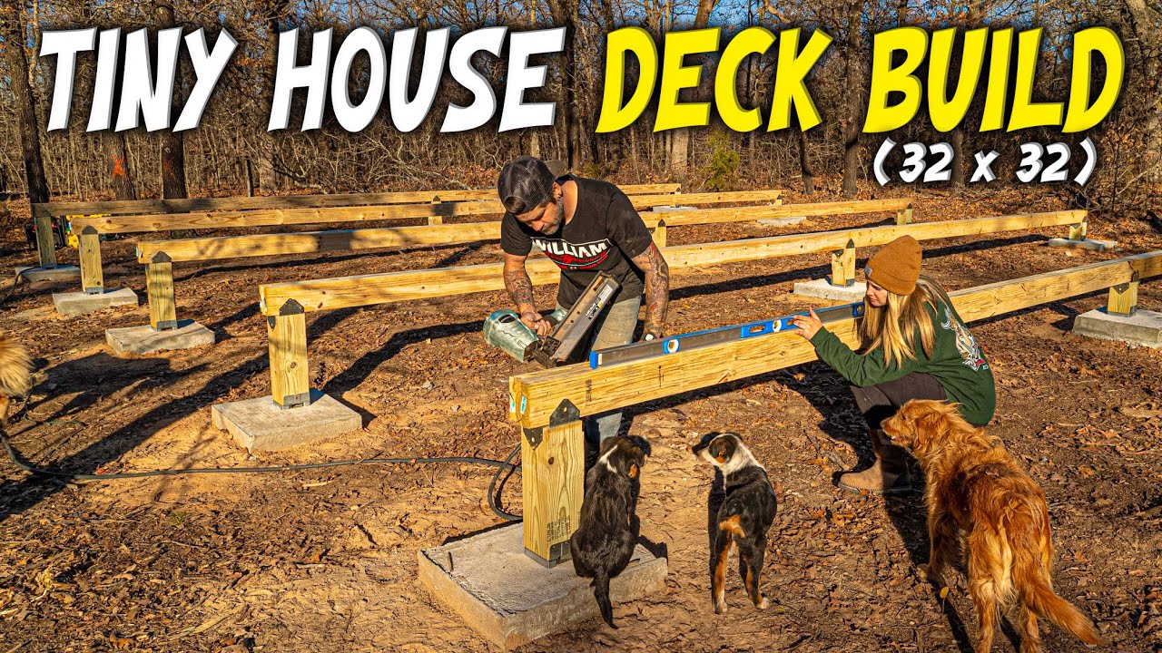 DECK BUILD Begins For The TINY HOUSE / GRAIN SIL0!! Couple DIY Build / Off Grid / Homestead