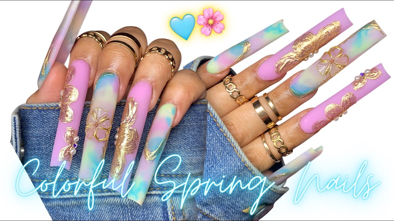 COLOR SPLASH PASTEL NAILS🌸/ SPRING ACRYLIC NAILS WITH CHROME FLOWERS