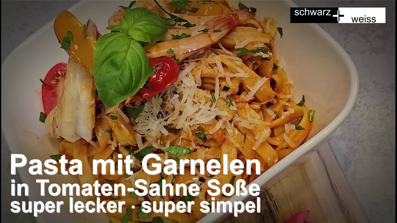 Pasta mit Garnelen in Tomaten-Sahne Sauce
