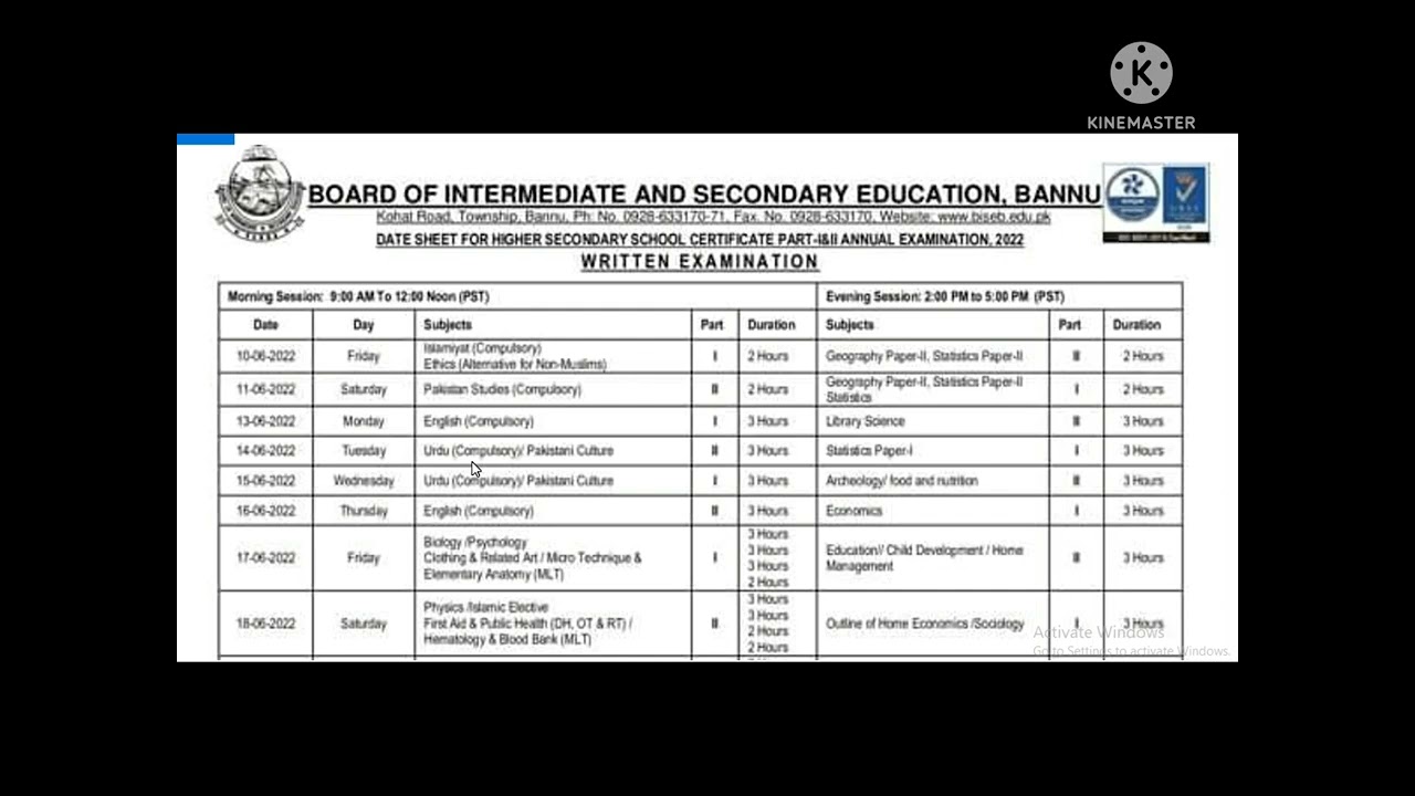 Bannu Board Intermediate Date Sheet Part I & II 2022 Annual Examination | Date Sheet FA FSC ICS DCOM