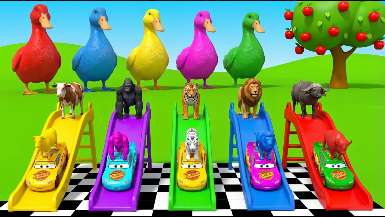 Long slide game with elephant gorilla lion cow tiger 3d animal game funny 3d animals