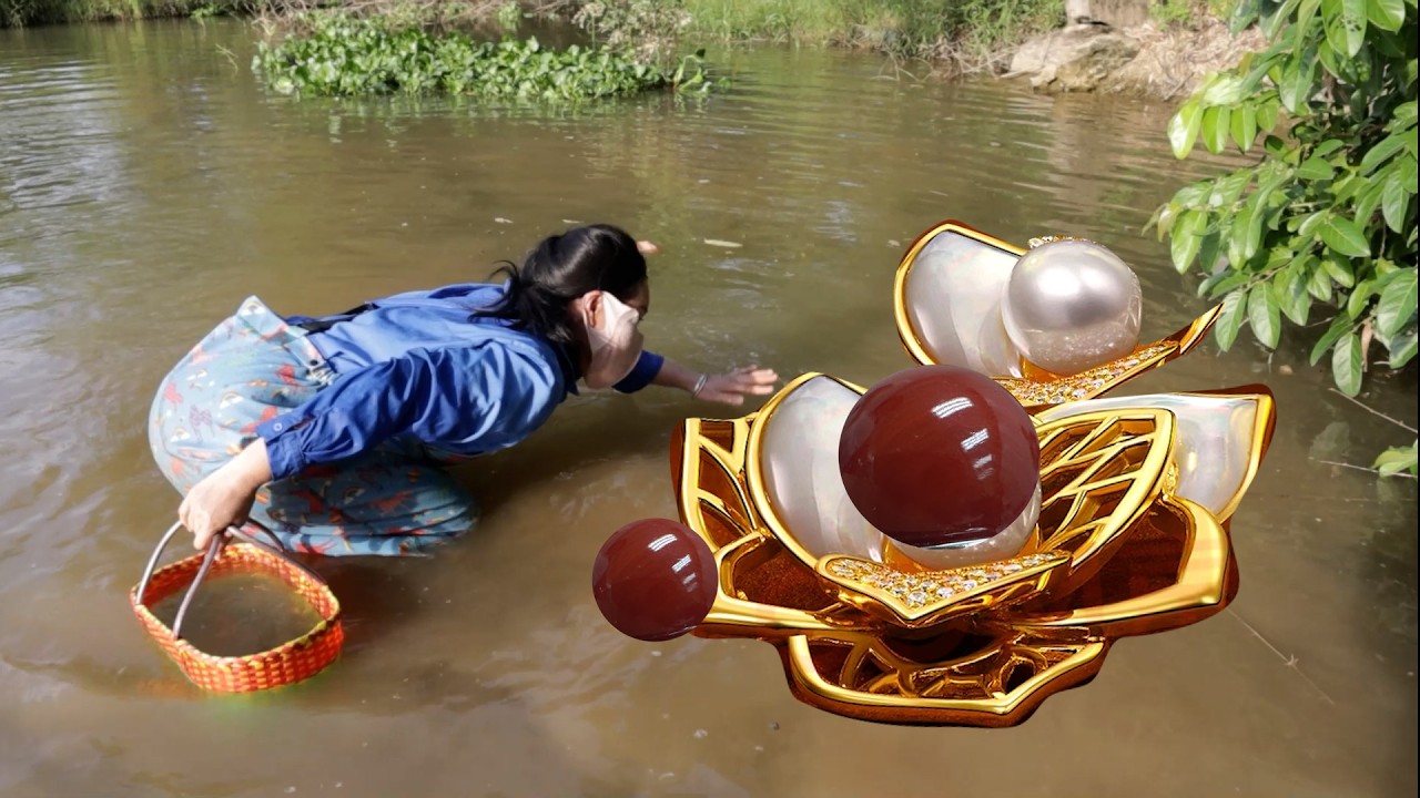 In the murky waters, a centuries old clam shell is filled with precious pearls