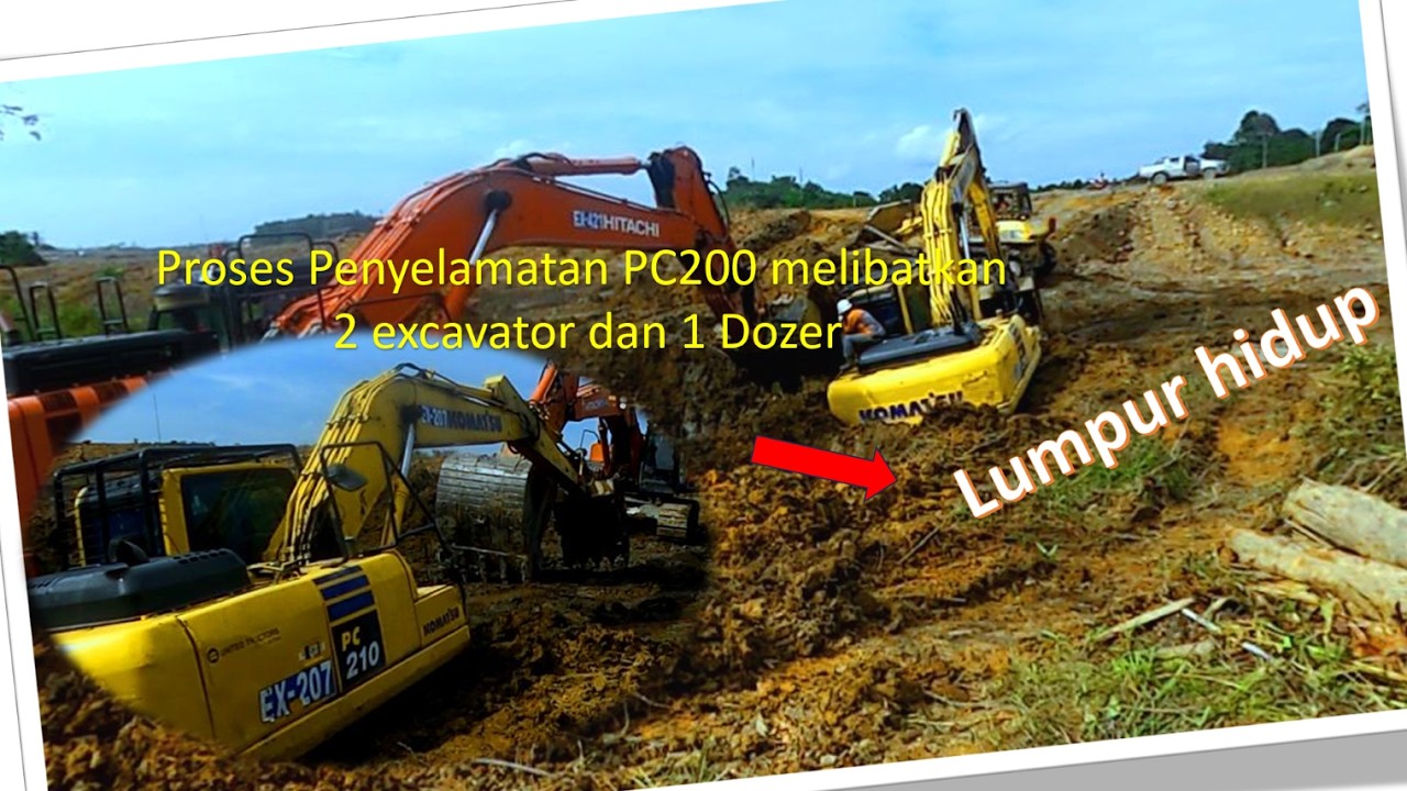 Membuat jembatan temporer dan evakuasi pc200 terjebak lumpur
