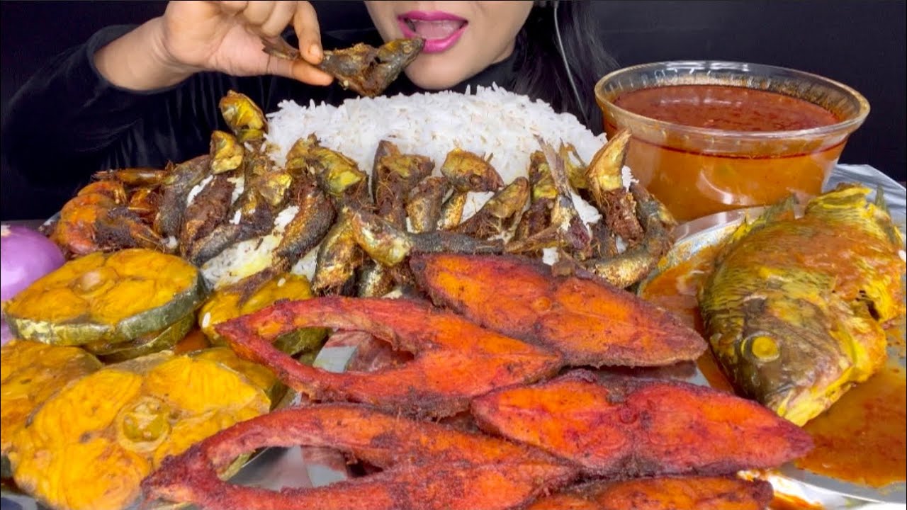 SPICY FISH CURRY,FISH FRY,GHEE FISH CURRY,POMFRET FISH FRY,WHITE RICE *ASMR EATING *
