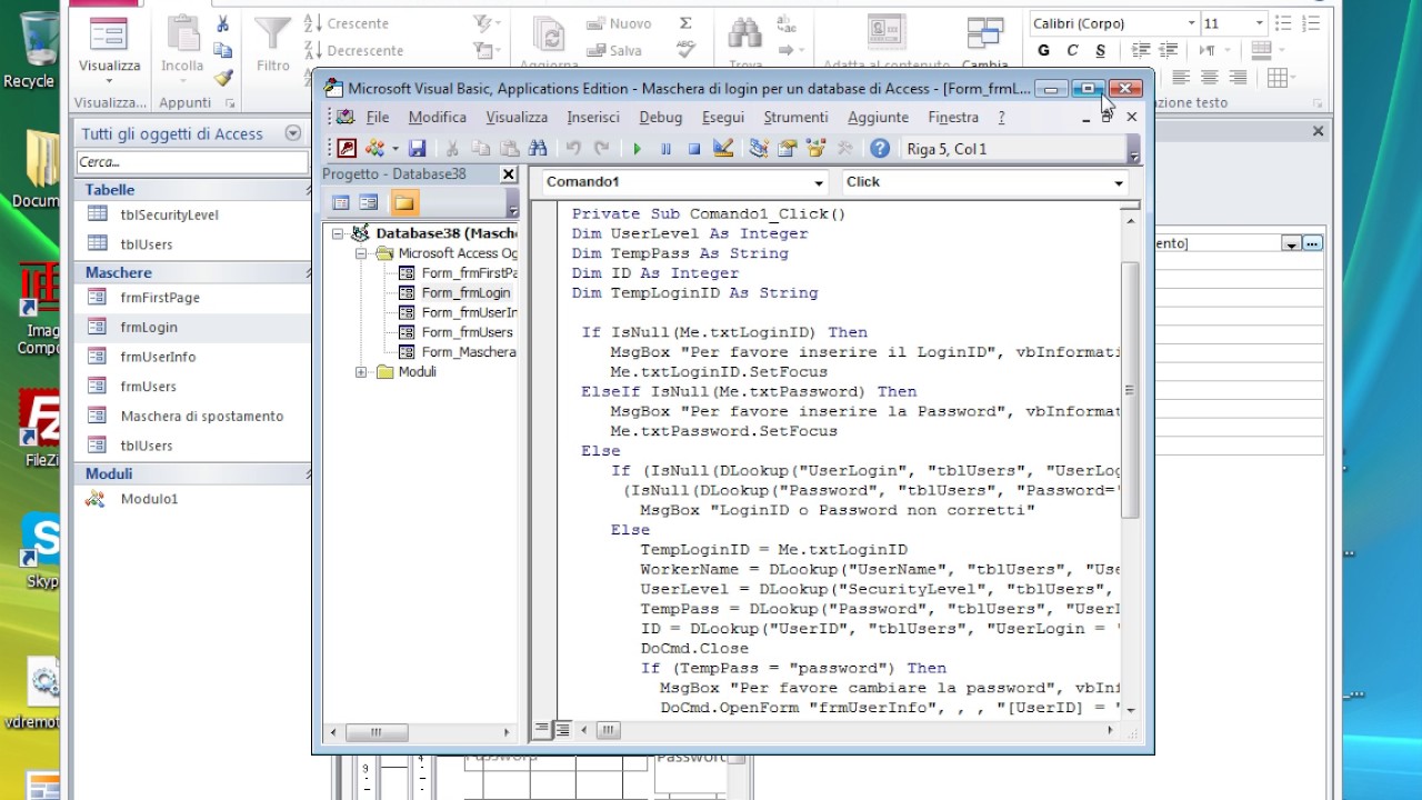 Maschera di login per un database di Access