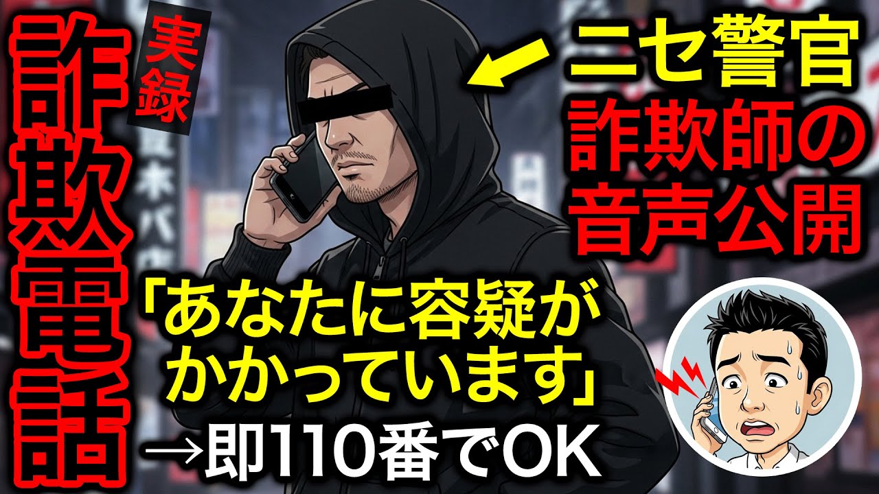 ニセ警察からの詐欺電話「あなた逮捕されますよ」詐欺師の音声ノーカット公開で注意喚起【実録詐欺電話】すぐに110番で解決
