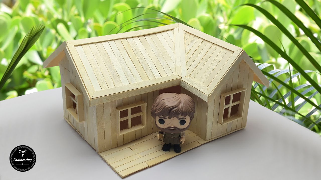 Mini Off Grid Log Cabin house made from Popsicle sticks