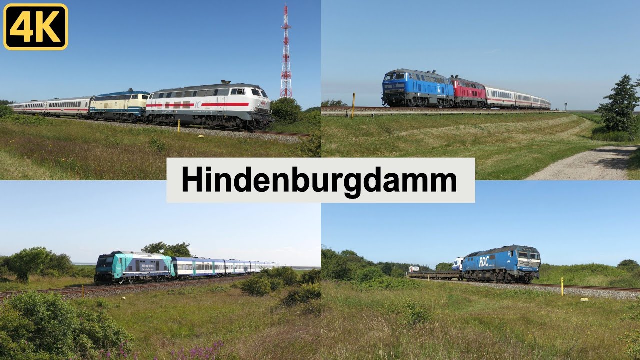 Bahnverkehr am Hindenburgdamm mit Br 218 + Intercity, DE 2700, Dostos, Autozügen und mehr
