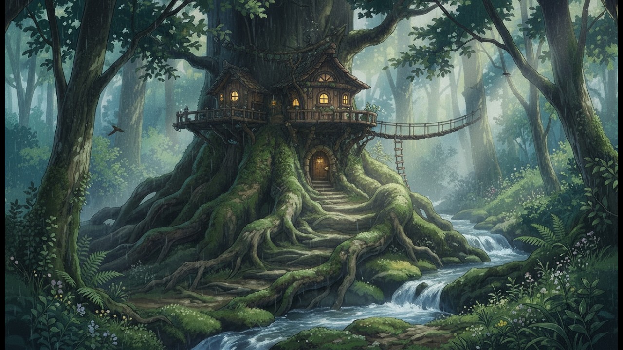 Living in a Magical Treehouse | Cooking Mushroom 🍄 Soup | Cozy Ghibli ASMR Ambience | No talking