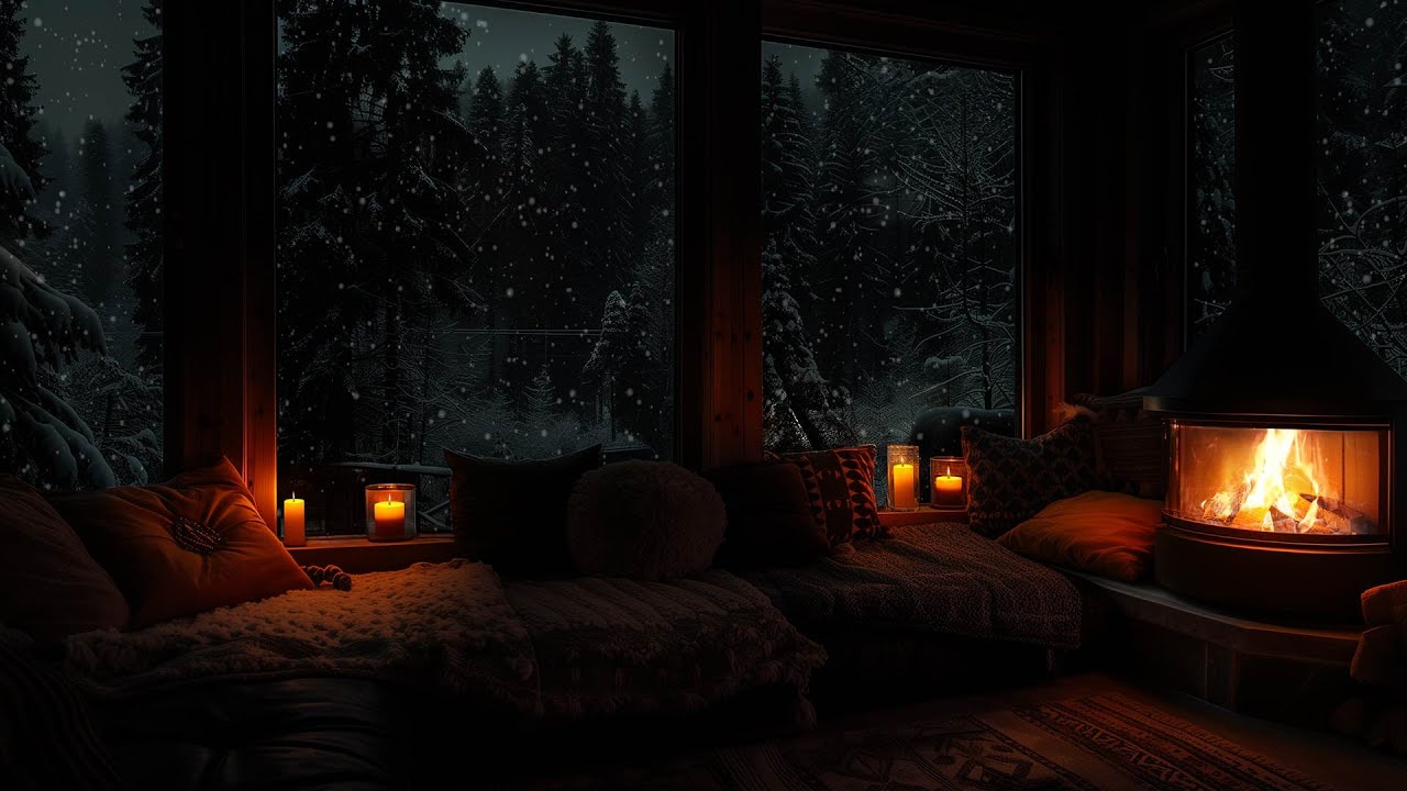 Warm Fireplace on a Winter Night in a Cabin 🔥 Soft Piano, Falling Snow & Cozy Ambience for Sleep