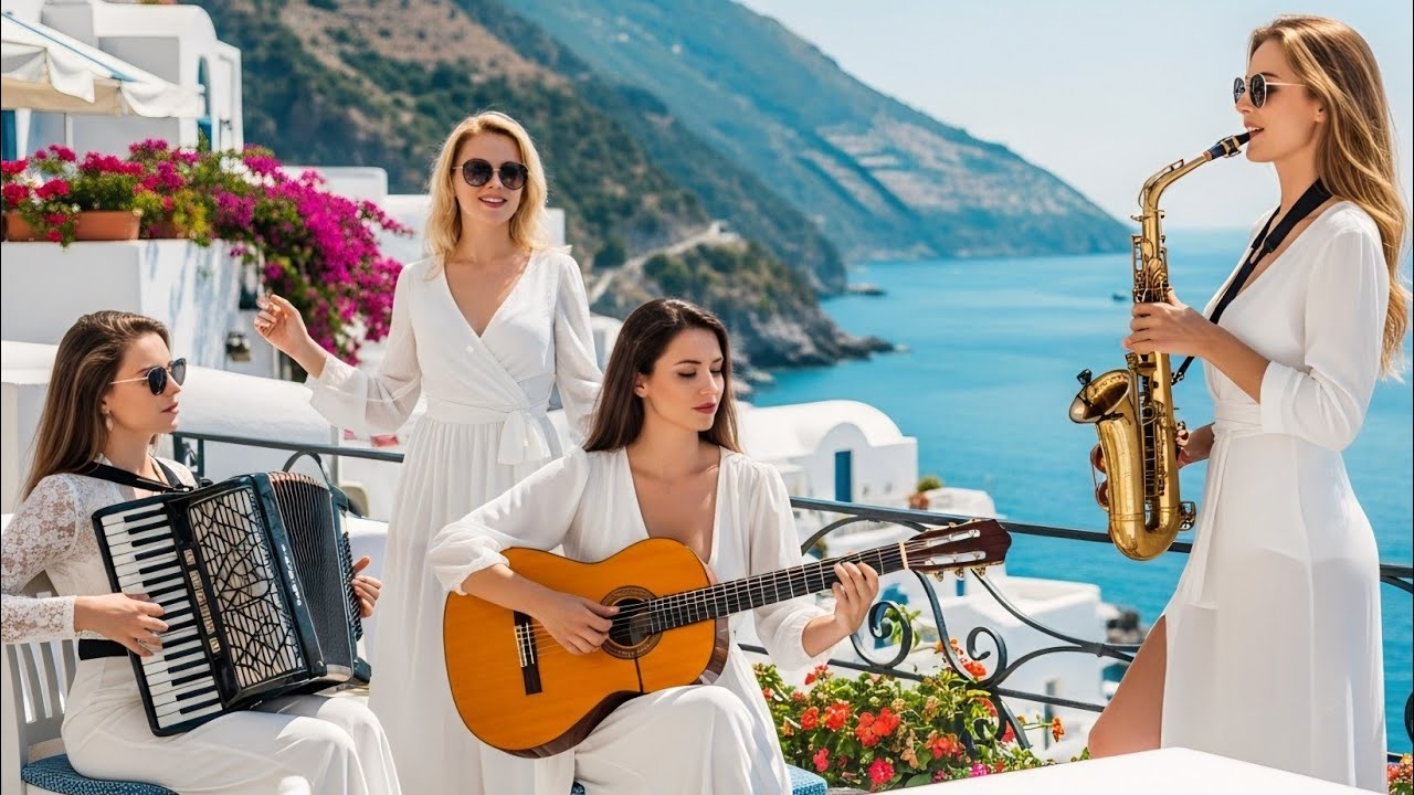 Mediterranean Cliff Café ✨ Flamenco Guitar, Sax & Accordion | Joyful Coastal Instrumental