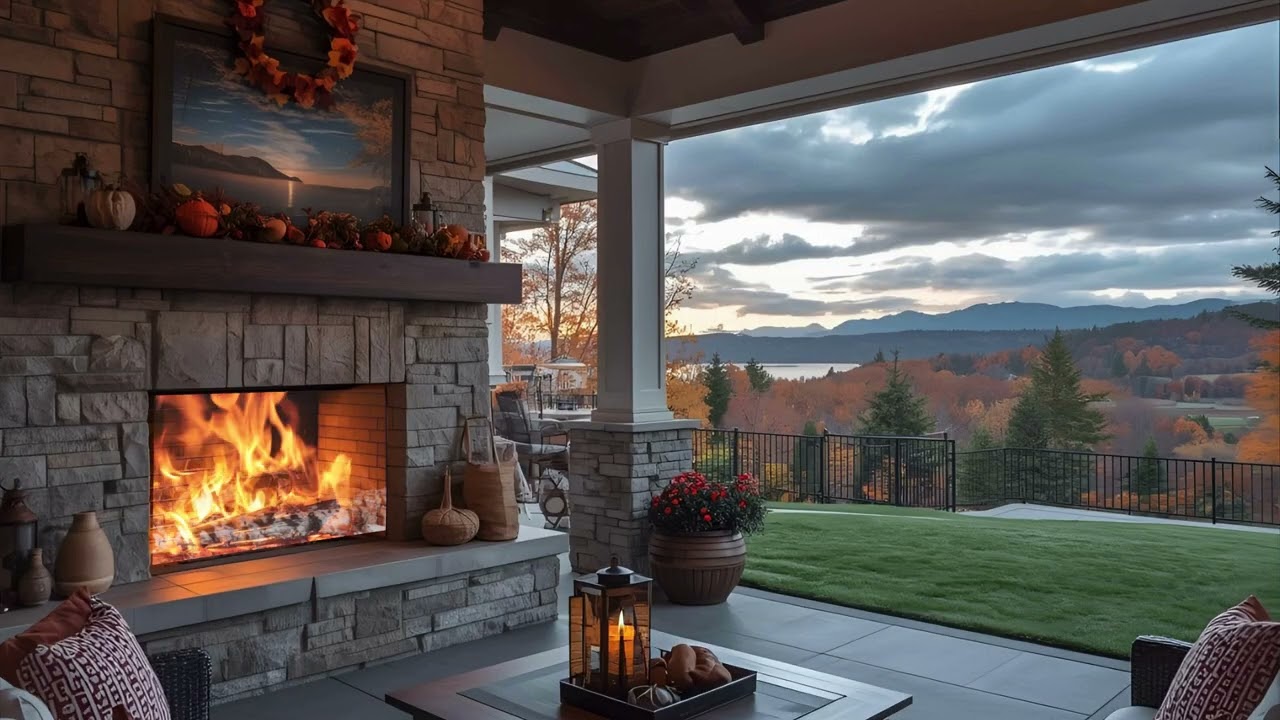 Cozy Autumn Day, Crackling Fire, Candlelight & Serene Mountain Views with Relaxing Piano Music