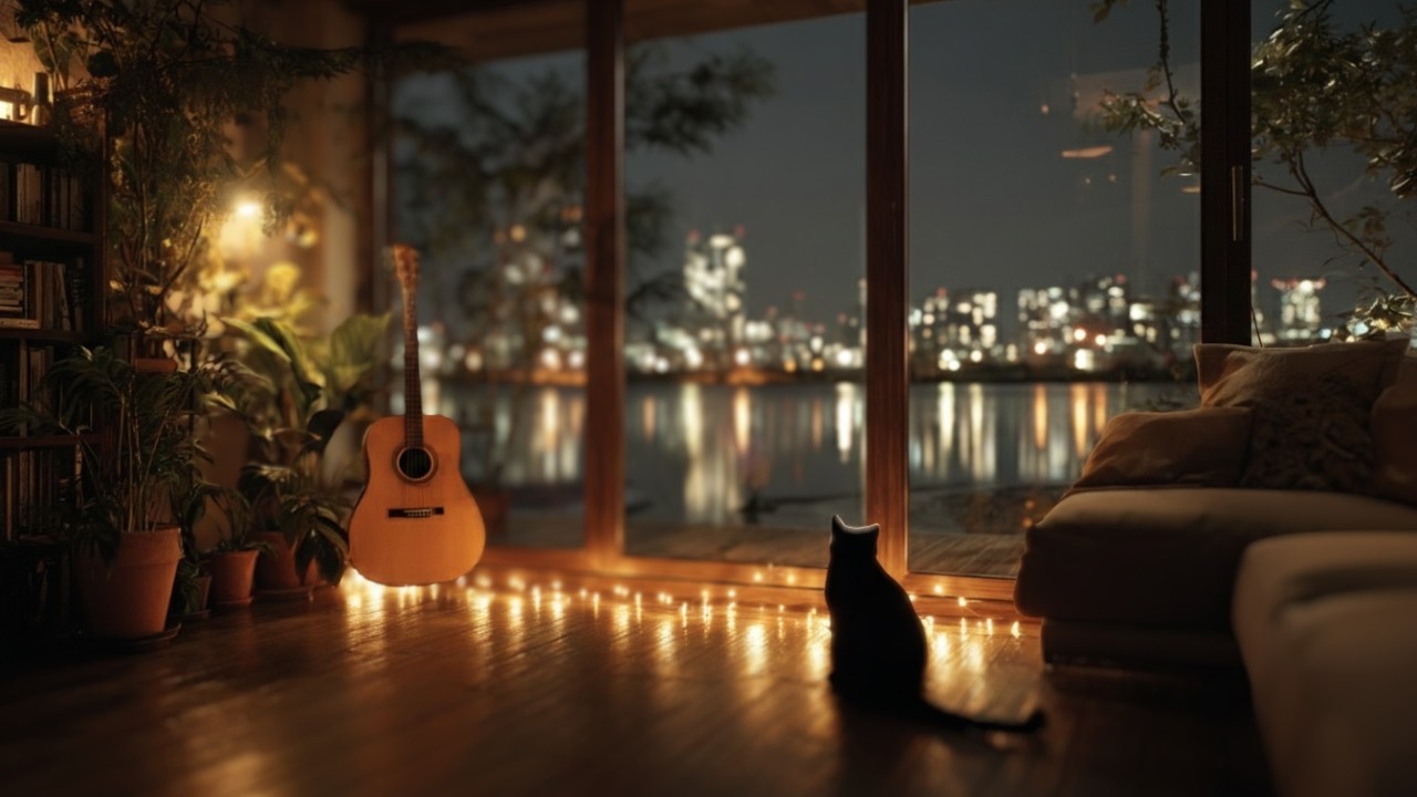 Peaceful Guitar Room at Night | 3 Hours of Sleep Music with Cat