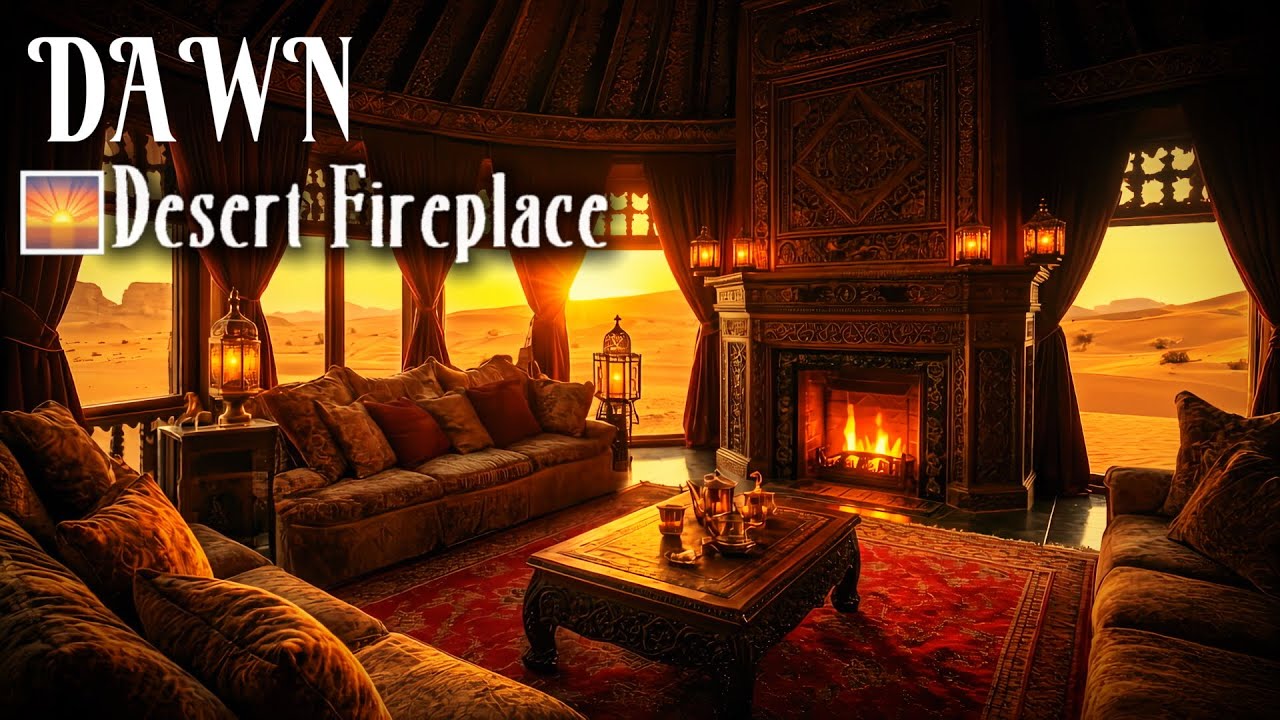 DAWN 🌅 Desert Fireplace Morning Ambience (Relaxing Music + Gentle Wind) | 2 Hours