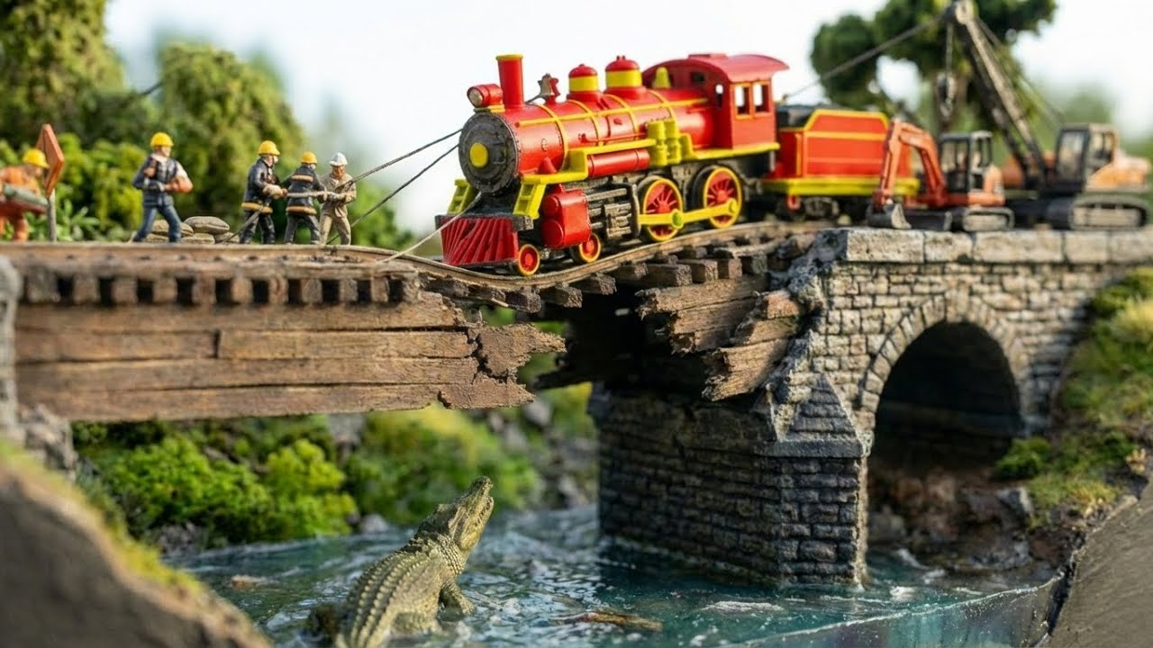 Bridge Breaks! Train Stuck Above Crocodile River 🚨🚂 | Mini Construction Vehicles Rescue