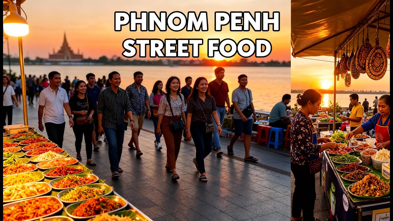 4K HDR Cambodia Street Food Chatomuk Street Walk, Phnom Penh Night View Downtown Tour #937
