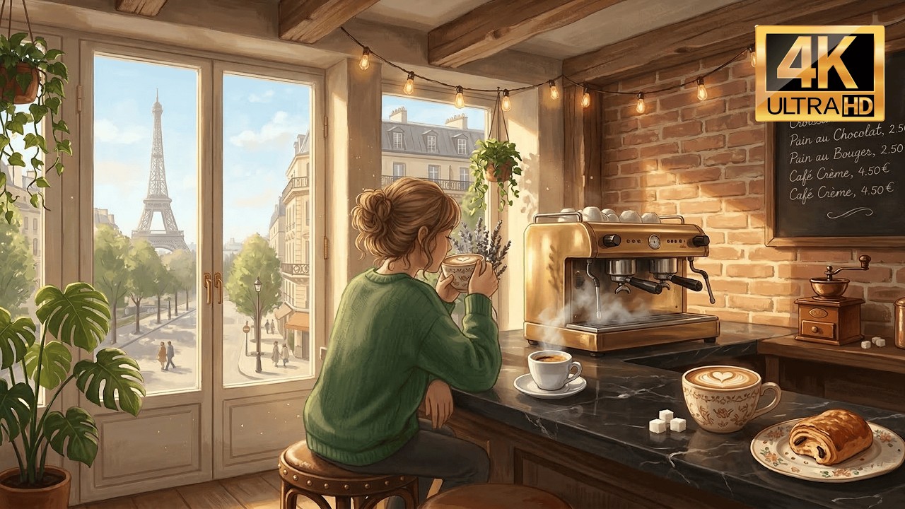 Sunny Paris Café Ambience ☕  🥐 Relaxing Jazz Music & Cozy Café Ambience