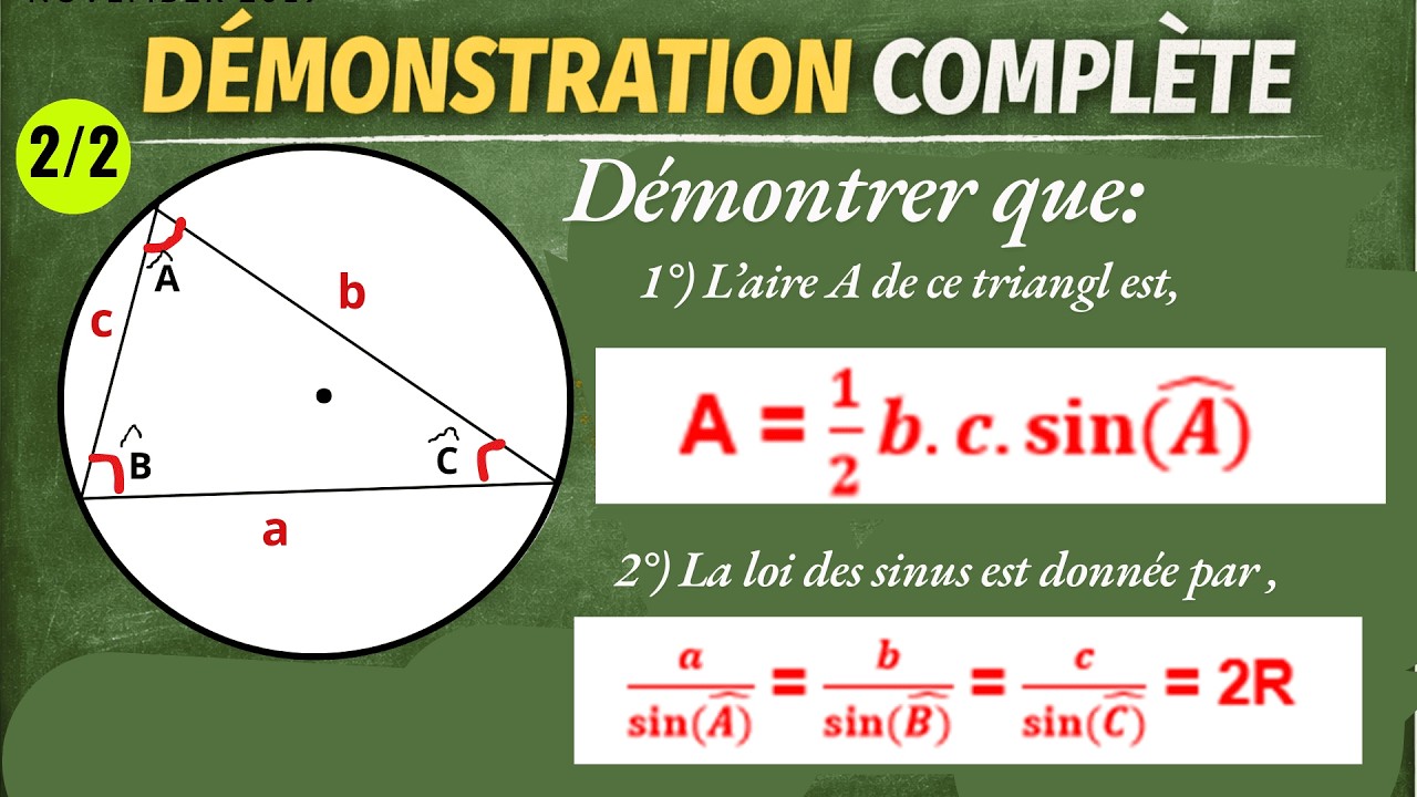 Démonstration: Aire d’un triangle & Loi des sinus (avec le cercle circonscrit)