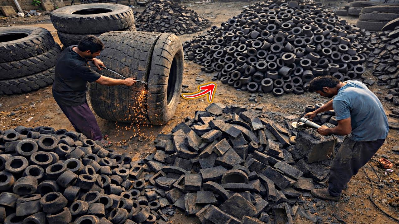 Skilled Craftsmen Turning Huge Tyres Into Rubber Bushes for Heavy Equipment 