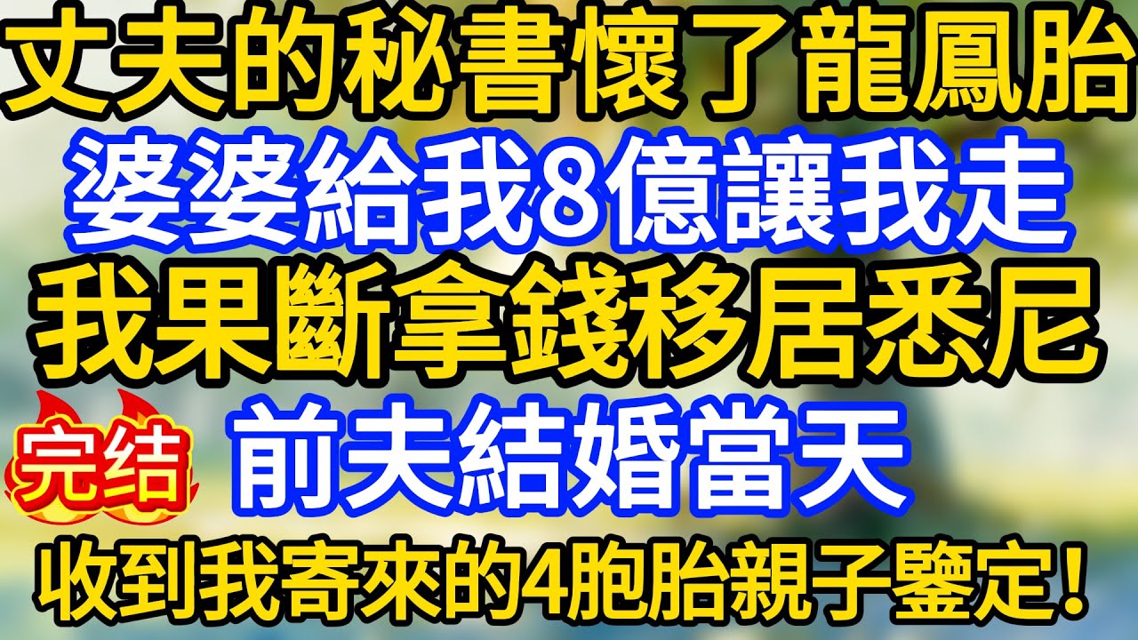 丈夫的秘書懷了龍鳳胎，婆婆給我8億讓我走，我果斷拿錢移居悉尼，前夫結婚當天，收到我寄來的4胞胎親子鑒定！